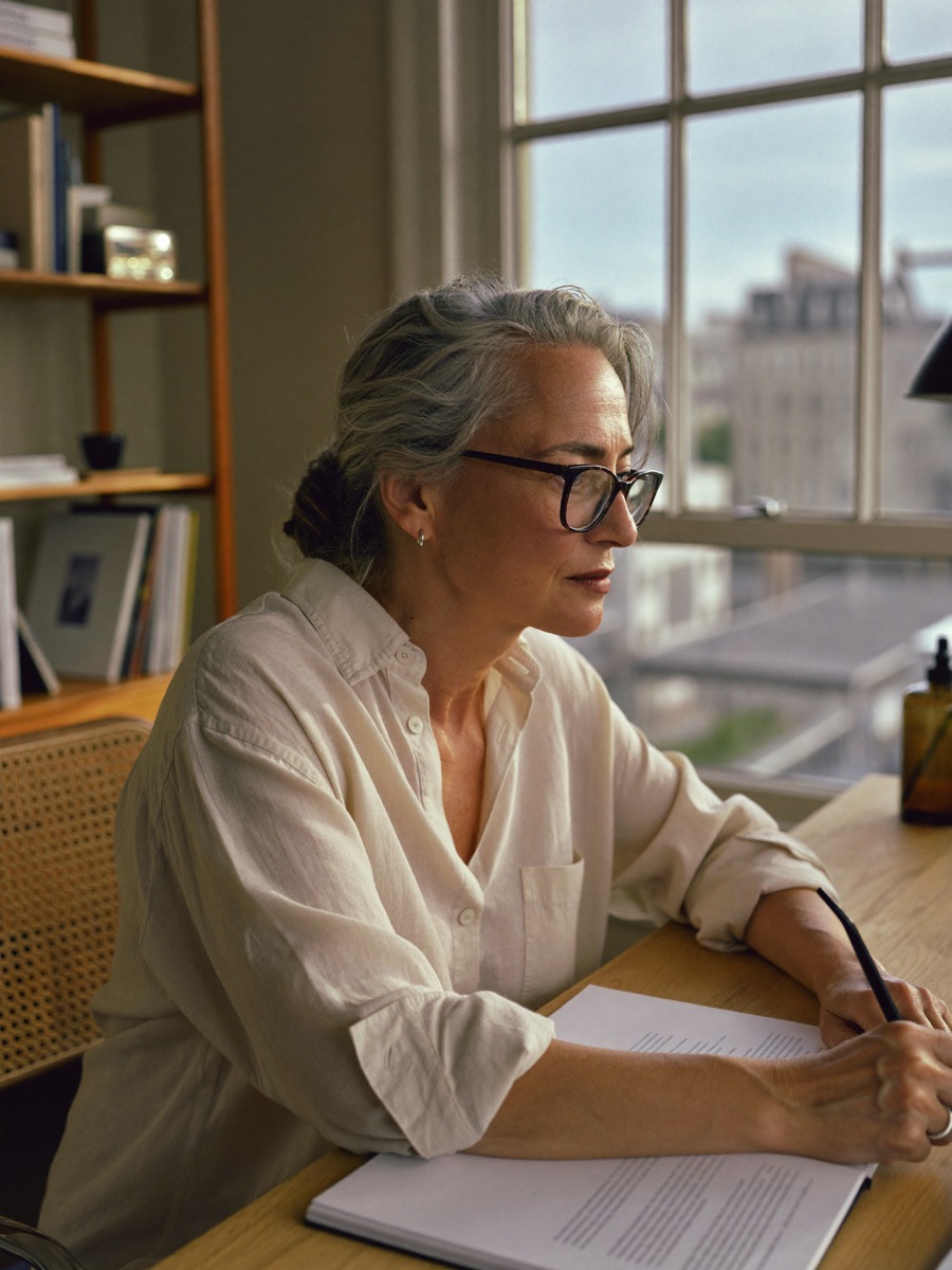 Frau um die 50 arbeitet am Schreibtisch im Morgenlicht
